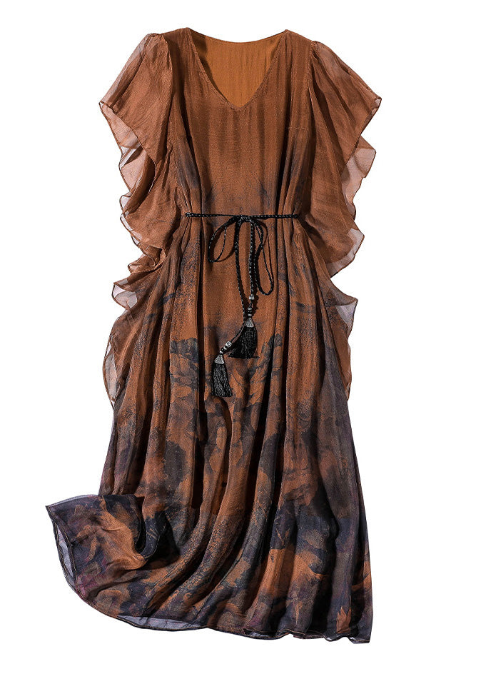 Style Orange O-neck Print Tie Waist Silk Holiday Long Dress Short Sleeve