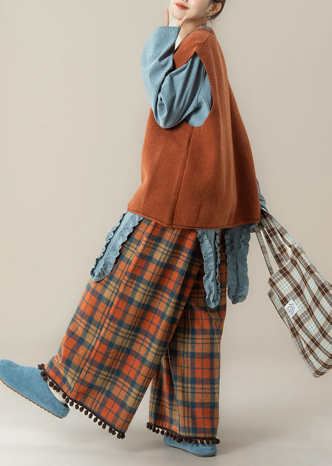 Japanese Style Orange O-neck Cartoon Knitted Vest and T Shirt Pants Set Spring