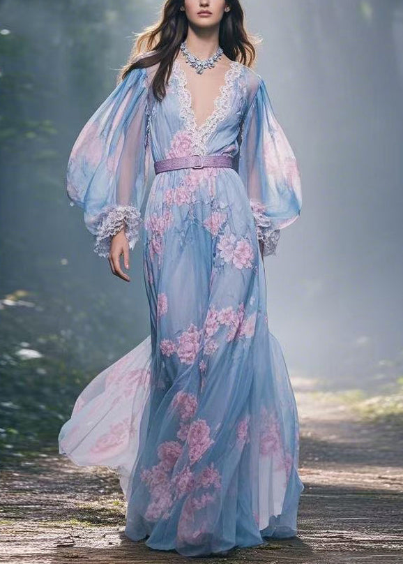Print V Neck Lace Sashes Patchwork Chiffon Maxi Dresses Spring