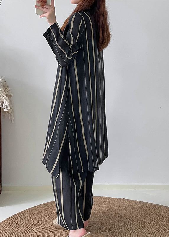 Black Oversized Striped Linen Silk Two Pieces Set Fall