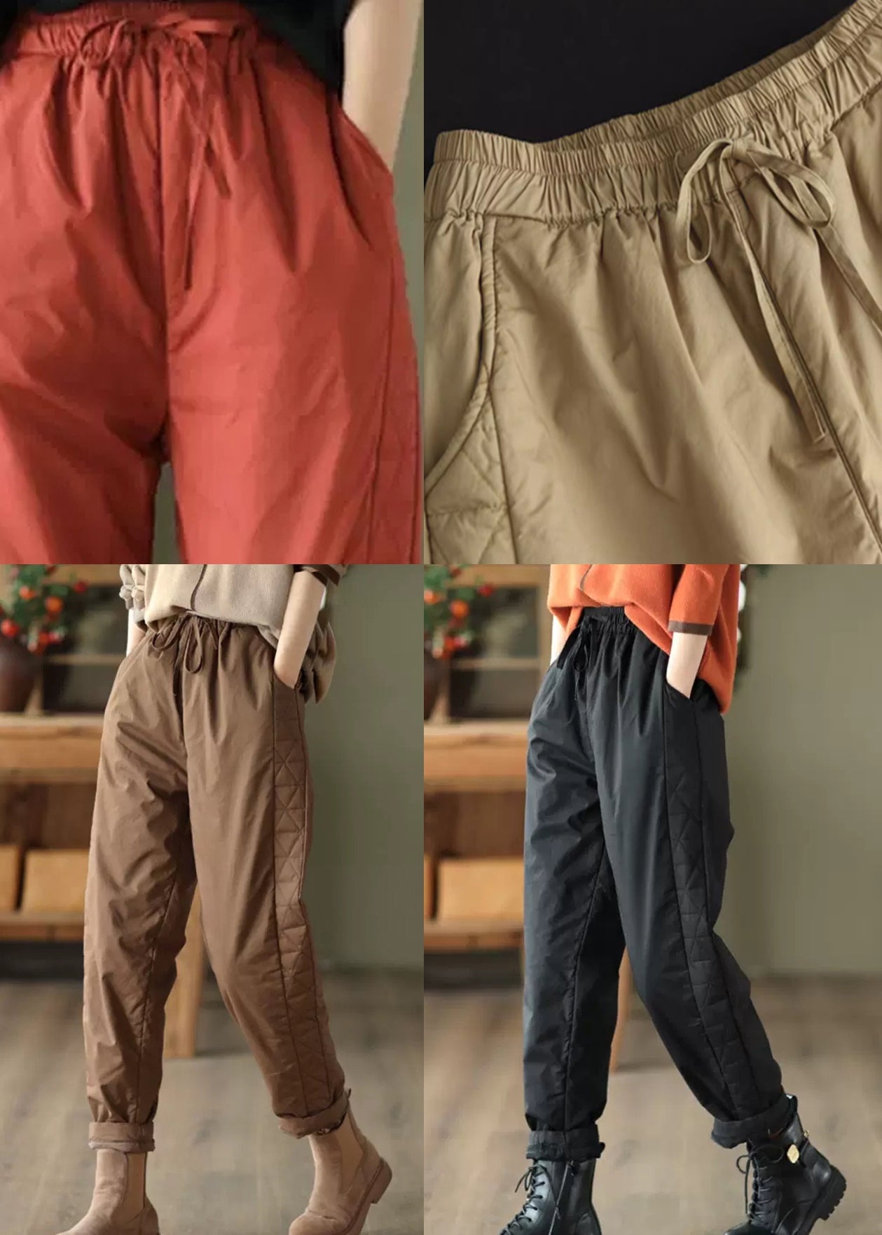 Black Pockets Elastic Waist Fine Cotton Filled Pants Winter