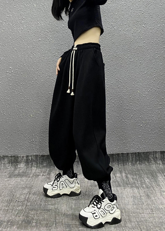 Black Pockets Drawstring Warm Fleece Sport Beam Pants Winter