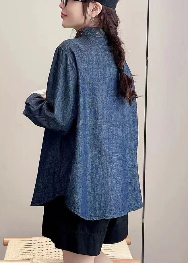 Denim Blue Peter Pan Collar Embroidered Button Shirt Long Sleeve