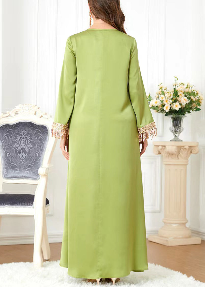 New Green O-neck Tasseled Cotton Long Dress Spring