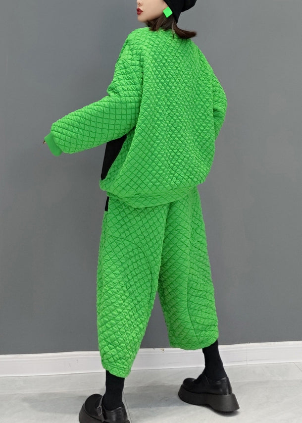 Green Pockets Patchwork Fine Cotton Filled Two Pieces Set Fall