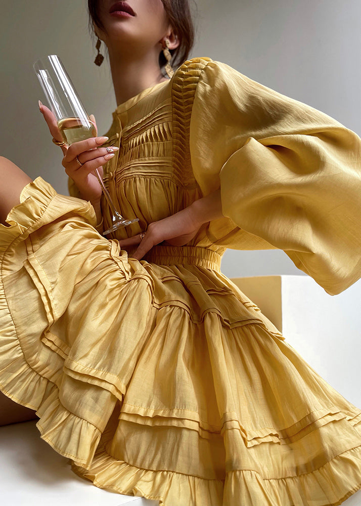 Yellow Wrinkled Cotton Two Pieces Set Lantern Sleeve