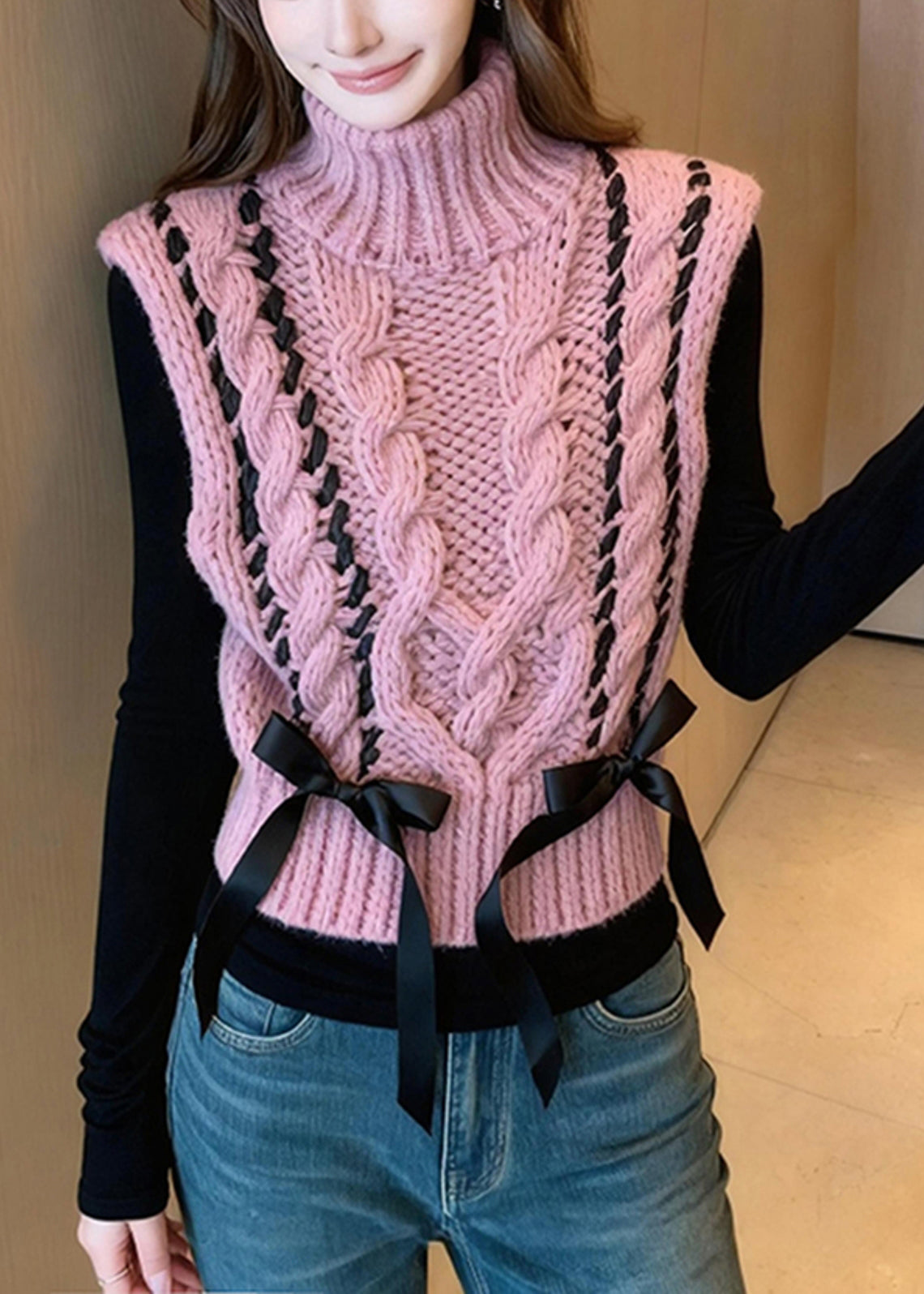 Pink Turtle Neck Bow Warm Knit Vest Winter