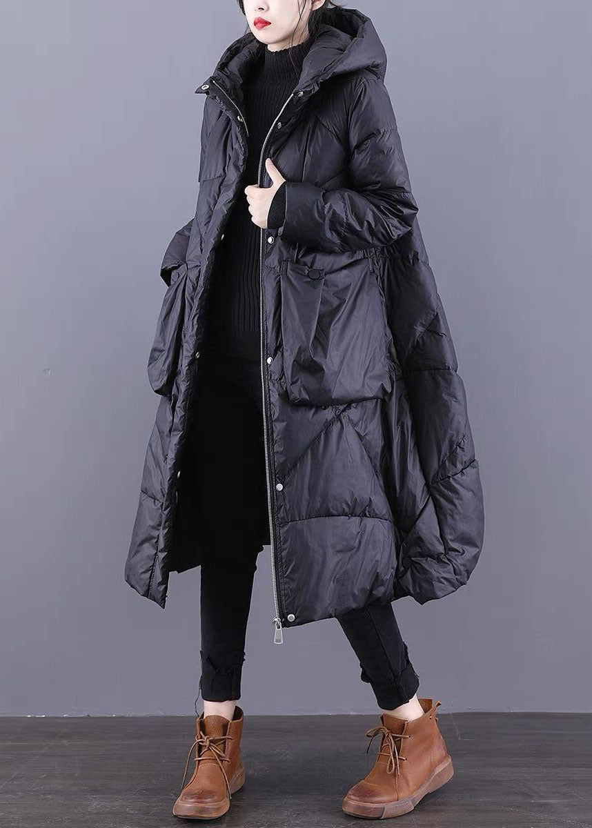 Loose Black Hooded Pockets Cotton Blend Winter Down Coat