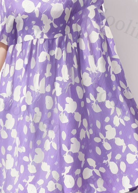 Purple O-neck Print Wrinkled Silk Dress Summer