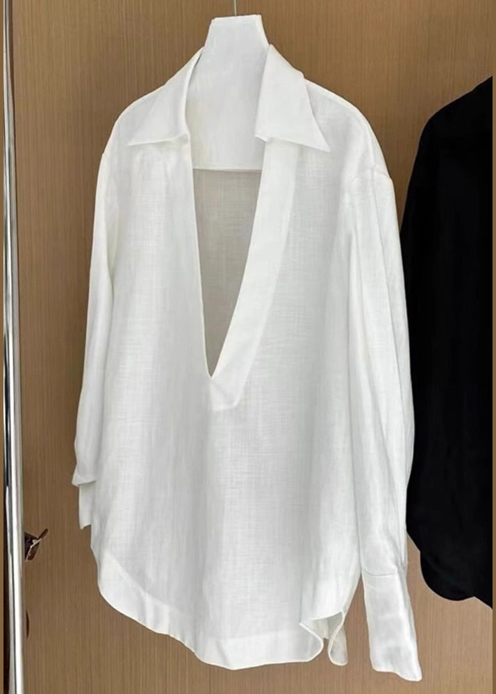 White V Neck Cotton Blouses Fall