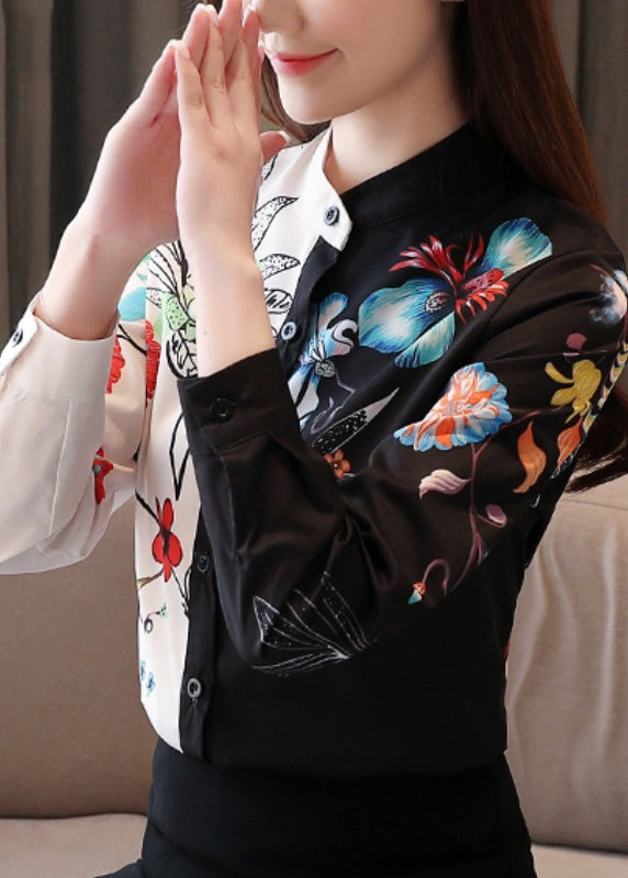 Colorblock Stand Collar Print Button Chiffon Shirts Long Sleeve