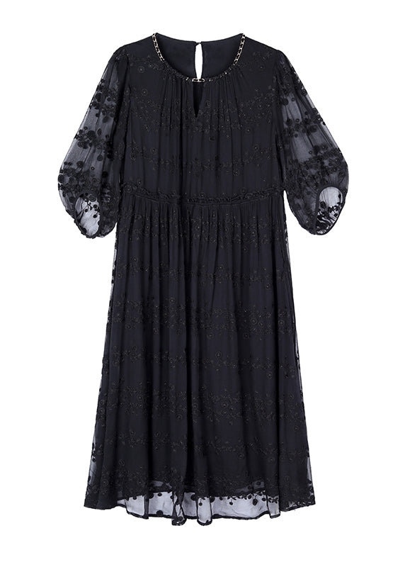 Black Embroidered Silk Long Dresses Bracelet Sleeve Summer