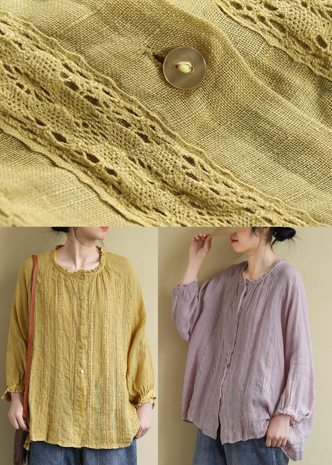 Yellow Button Embroideried Linen Shirts Long Sleeve