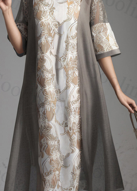 Classy Grey O Neck Print Patchwork Silk Dresses Summer