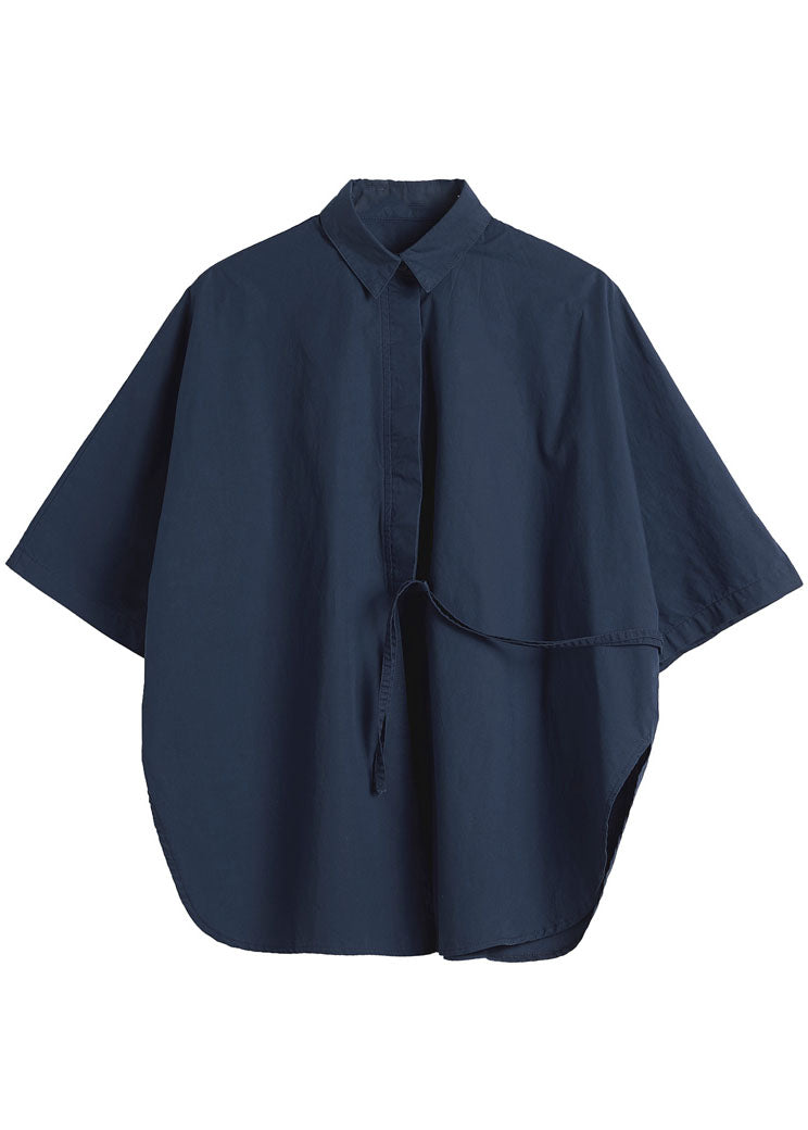 Organic Navy Cinched Cotton Blouses Half Sleeve