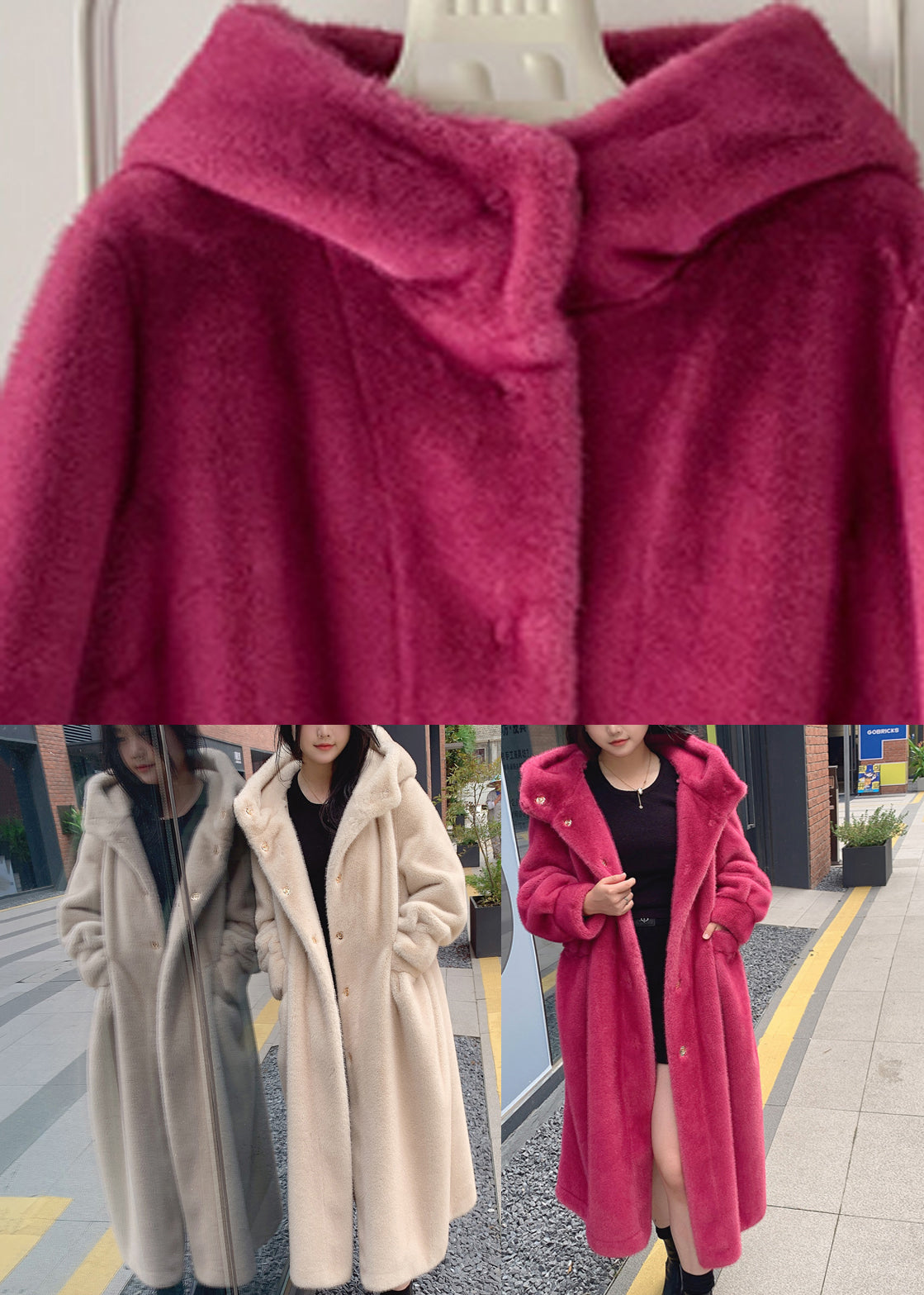 Beige Button Leather and Fur Hooded Maxi Coat Long Sleeve