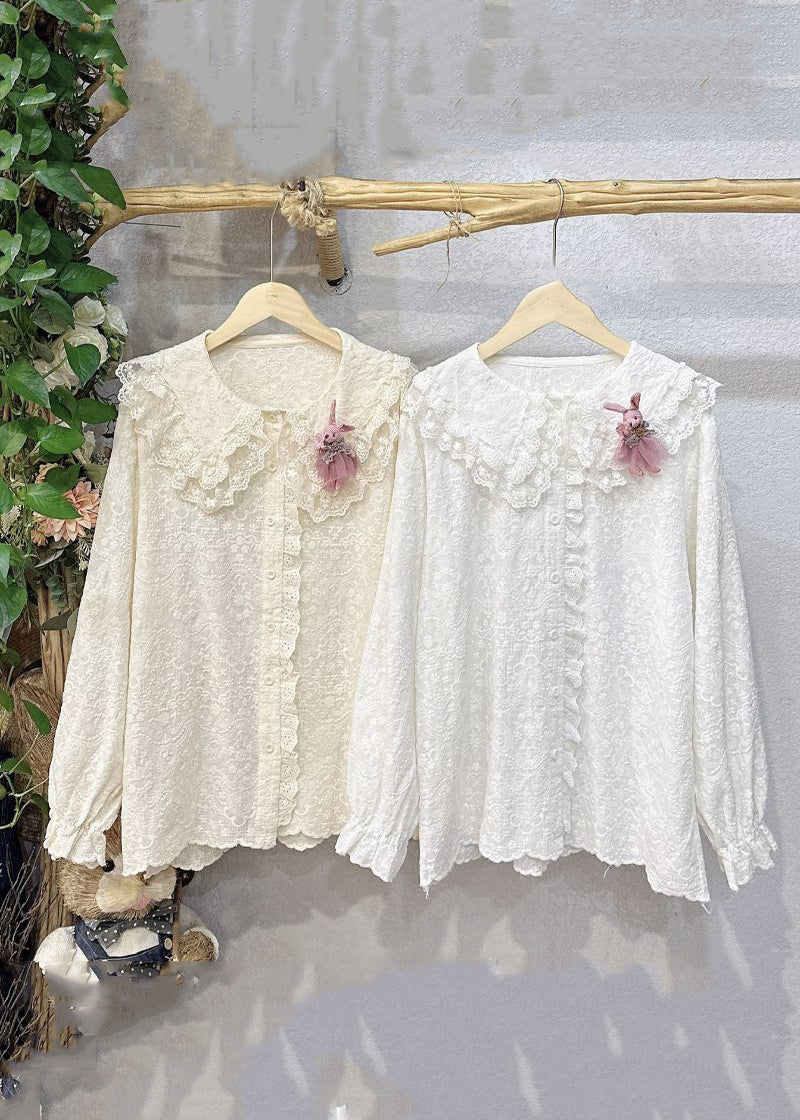 Simple White Ruffled Button Lace Shirt Long Sleeve