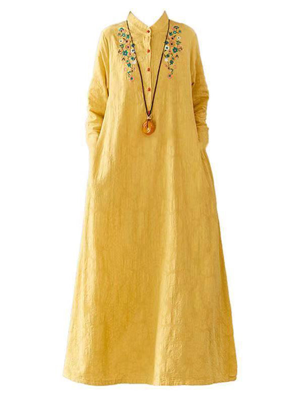 Yellow Embroideried Patchwork Cotton Long Dresses Fall