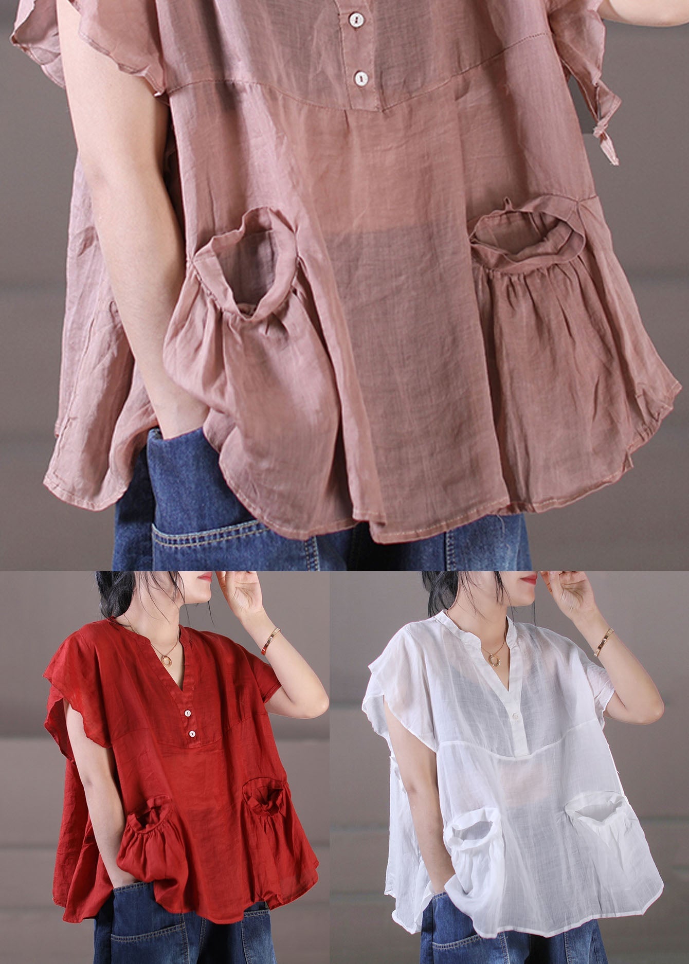 White Patchwork Cotton Linen Tanks V Neck Pockets Color Short Sleeve