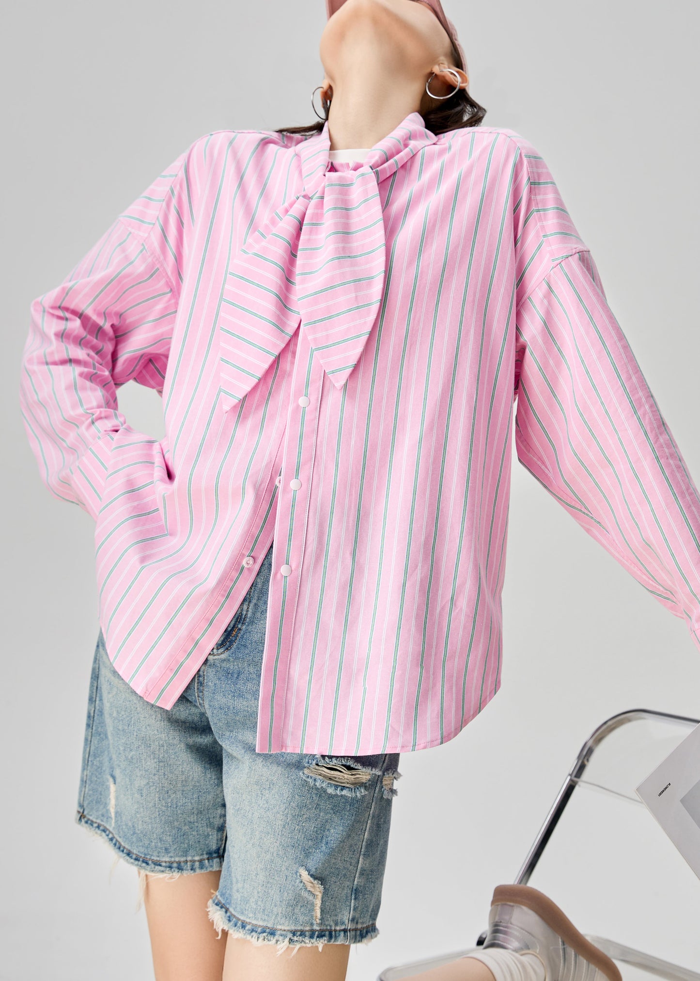 Pink Bow Striped Button Cotton Blouse Fall