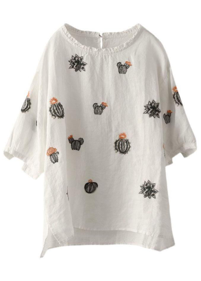 White O-neck Embroideried Summer Ramie Blouse Half Sleeve