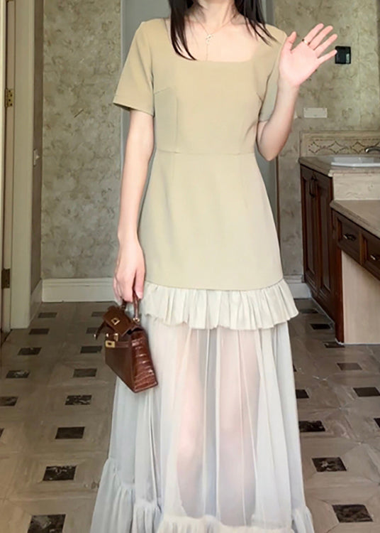 Khaki Square Collar Ruffled Patchwork Cotton Long Dresses Summer