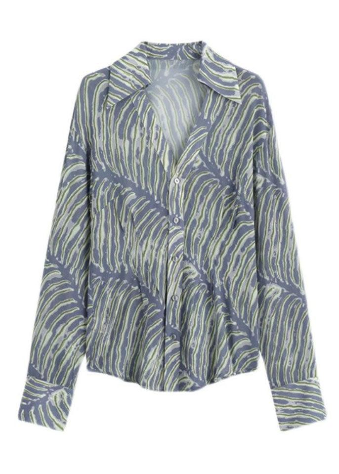 Blue V Neck Striped Print Chiffon Shirt Top Spring