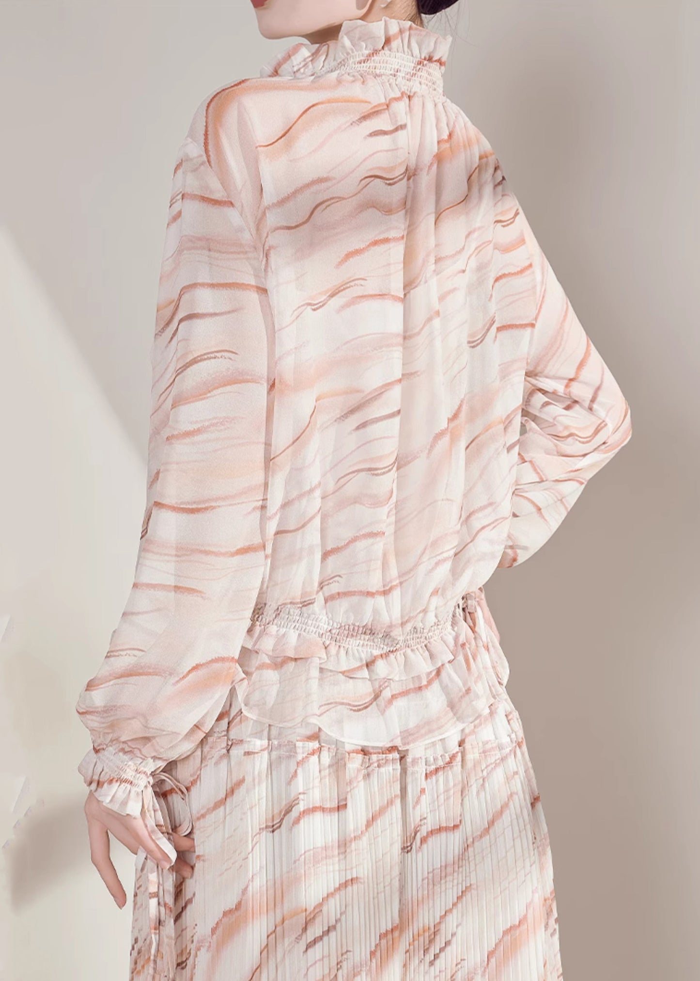 Ruffled Striped Chiffon Shirts and Maxi Skirts Two-piece Set Fall