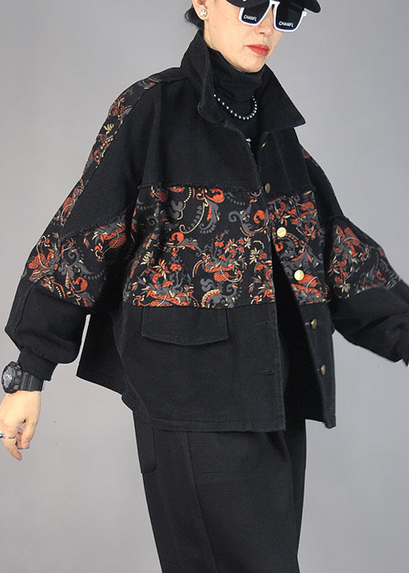 Black Oversized Patchwork Print Denim Jacket Spring