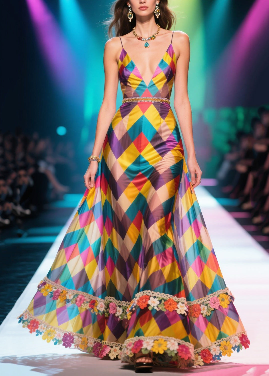 Multicolour Plaid Flower Decorated Chiffon Robe Dresses Summer
