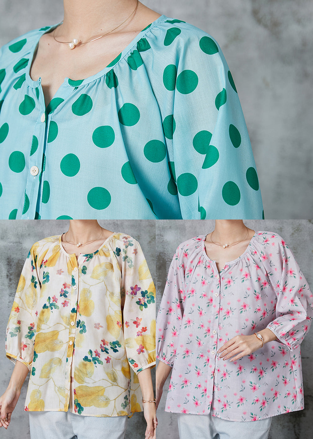 Yellow O-neck Print Cotton Blouse Tops Bracelet Sleeve