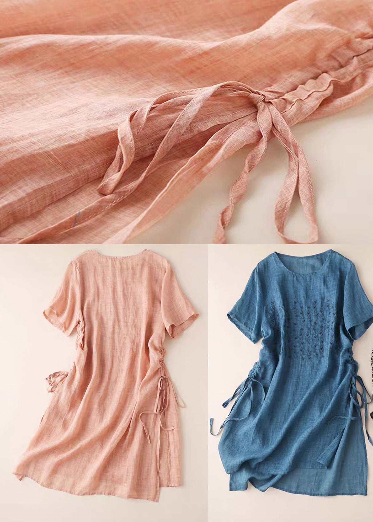 Blue O-neck Embroideried Cotton Dress Short Sleeve