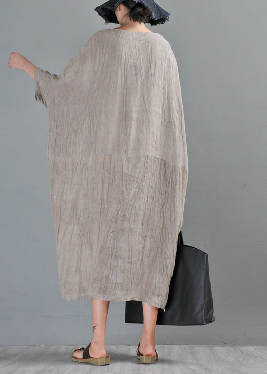 Unique Linen Colour O-neck Zip Up Side Open Linen Long Dresses Half Sleeve