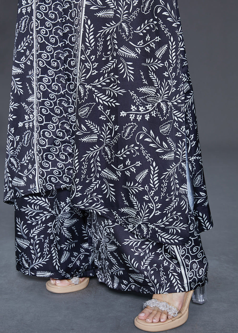 Black V Neck Print Chiffon Two Pieces Set Fall