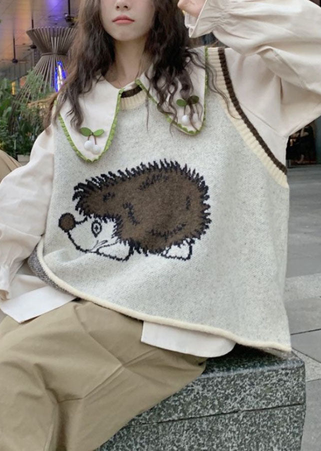 Grey O-neck Animal Print Cotton Knit Waistcoat Fall