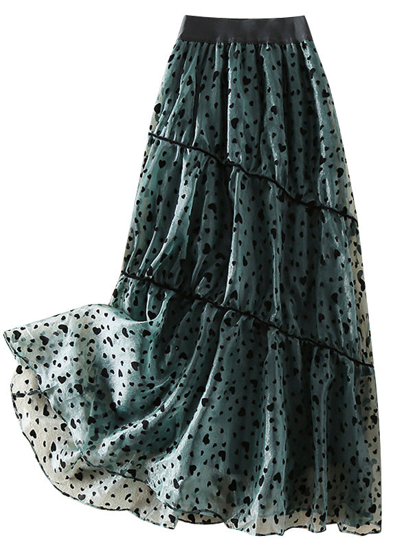 French Green Wrinkled Patchwork Tulle Skirt Spring