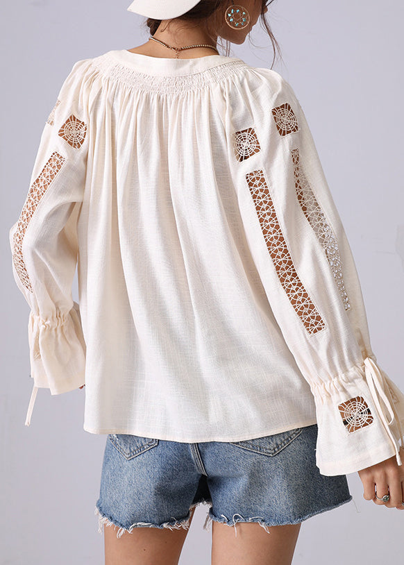 Apricot Hollow Out Lace Up Shirt Flare Sleeve