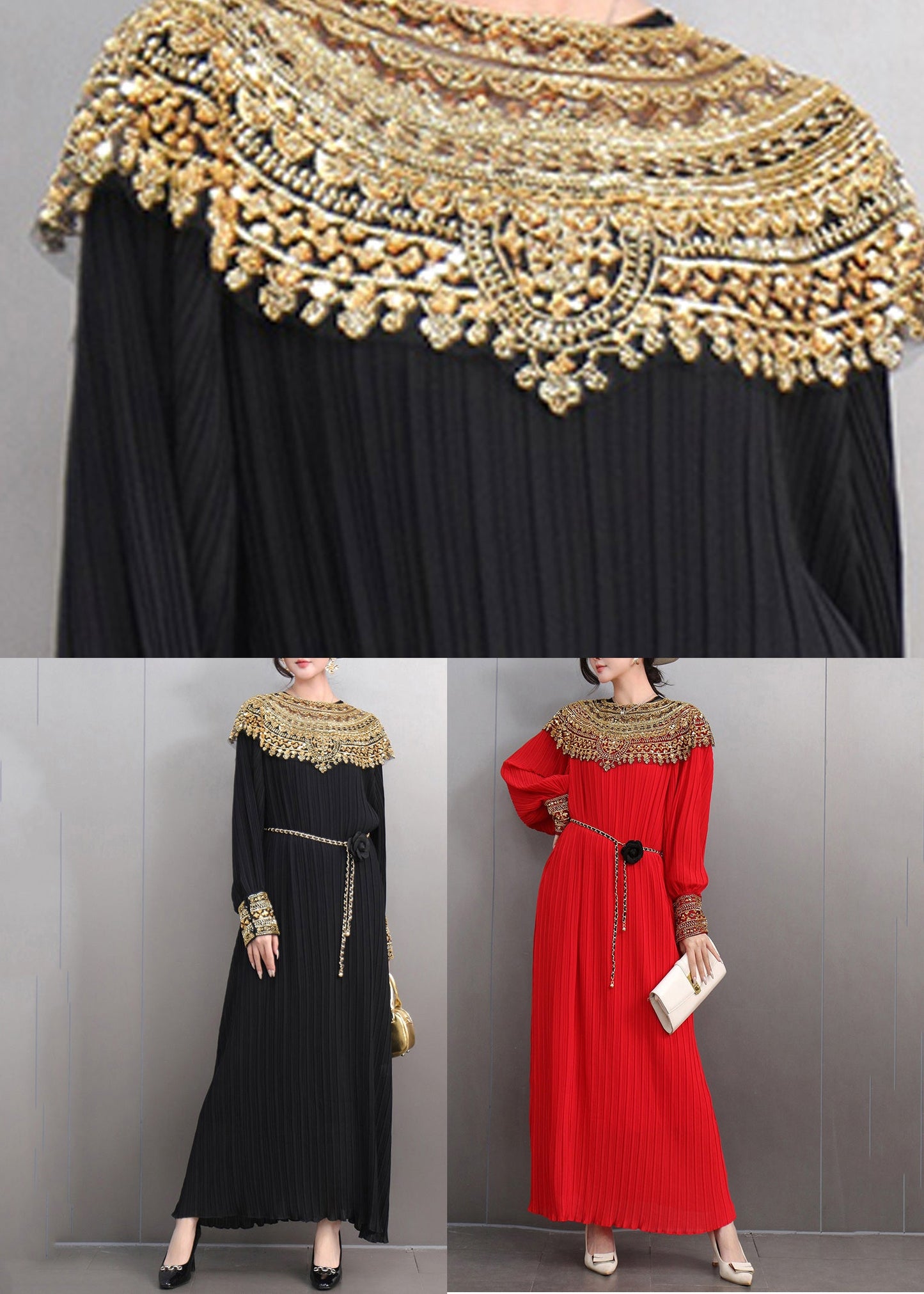 Red Patchwork Slim Party Long Dress Lantern Sleeve