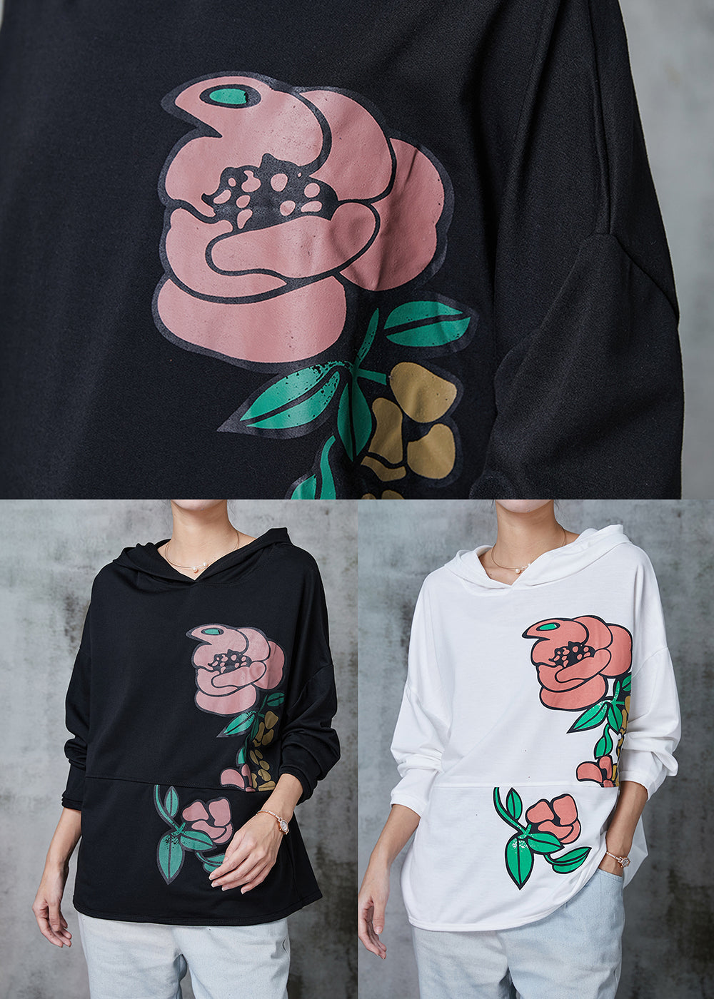 Black Patchwork Cotton Sweatshirt Oversized Spring