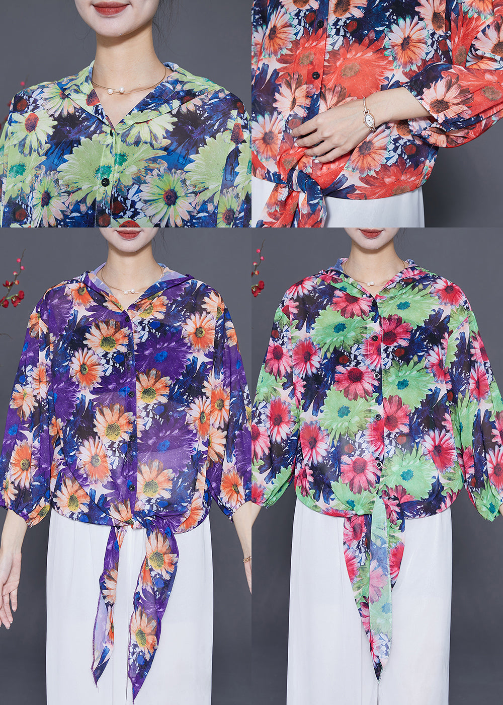Red Print Chiffon Upf 50+ Shirts Hooded Bracelet Sleeve