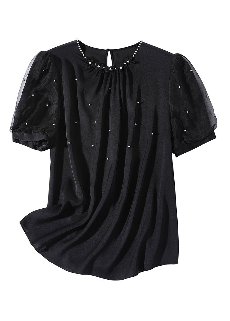 Diy Black O-neck Silk Nail Bead Shirts Summer