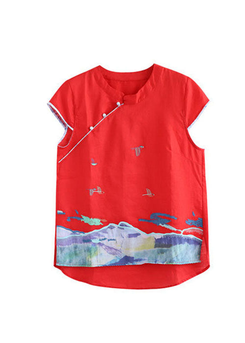 Red Embroideried Chinese Button Cotton Tank Short Sleeve