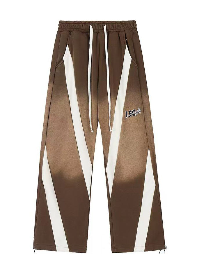 Brown Pockets Patchwork Elastic Waist Warm Fleece Wide Leg Pants Spring