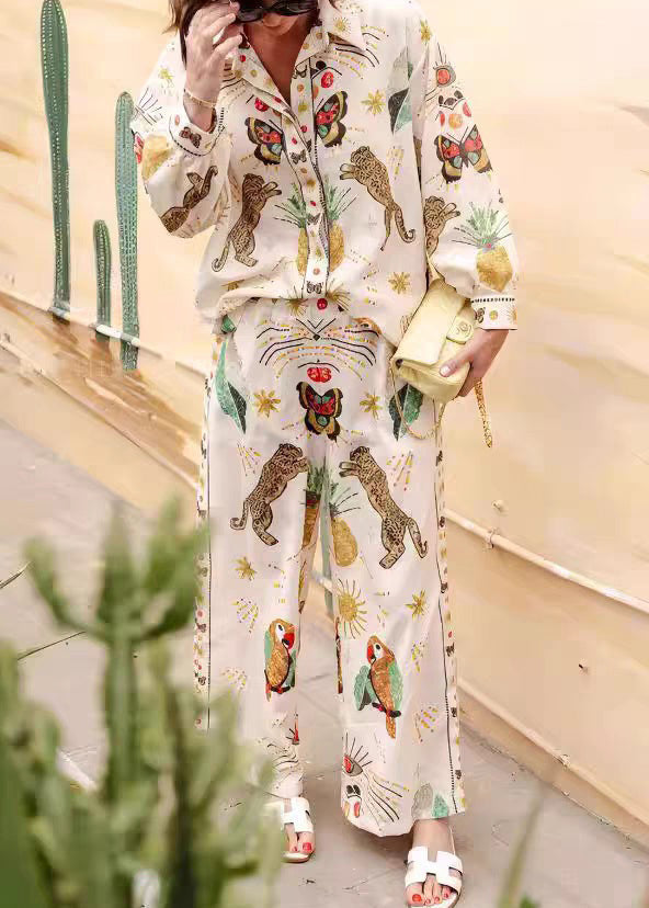 Apricot Peter Pan Collar Tiger Print Shirts and Wide Leg Pants Two Piece Set Fall
