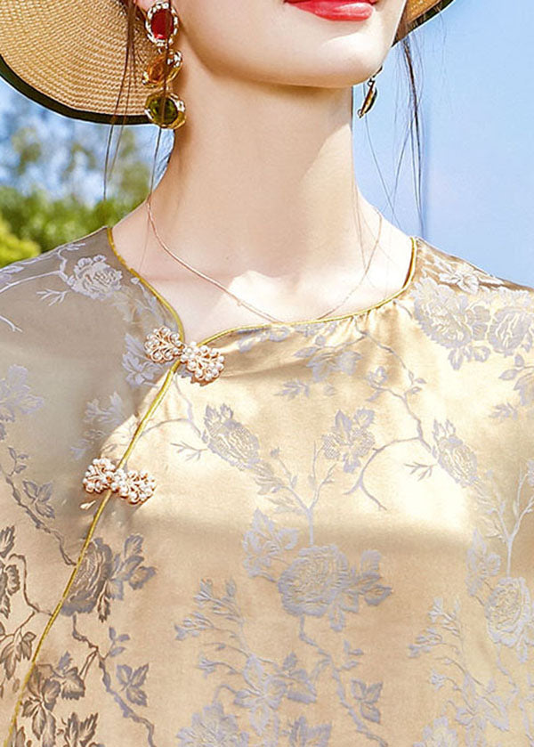 Purple Jacquard O-neck Print Silk Chinese Style Dress Half Sleeve