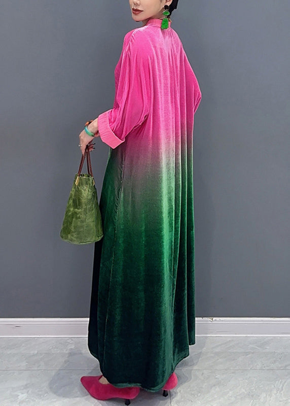 Gradient Color Stand Collar Silk Velour Maxi Dresses Fall