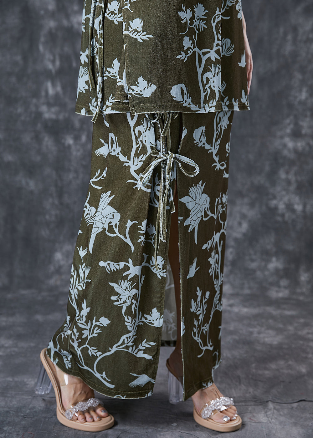 Green Print Lace Up Side Open Silk Velour Two Pieces Set Spring