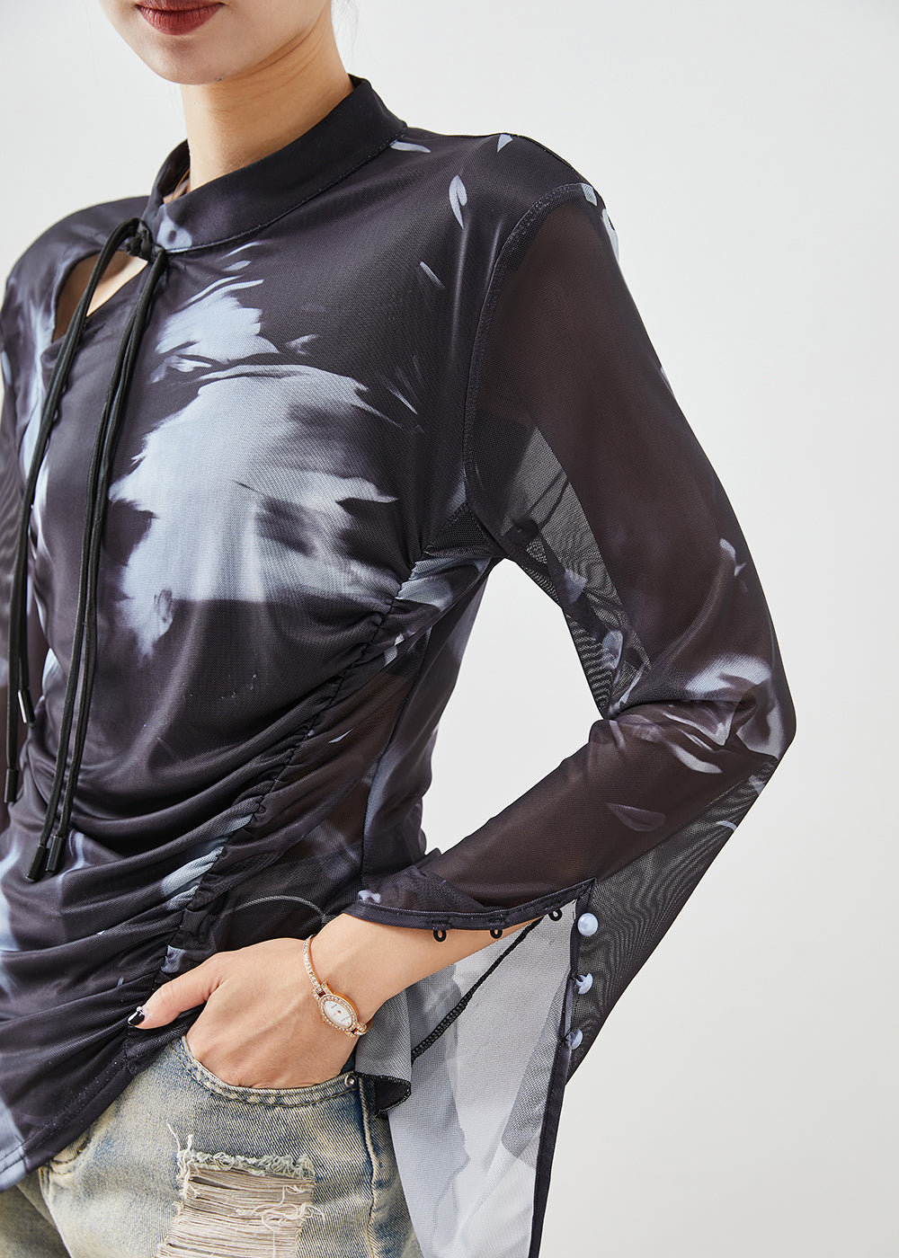 Black Asymmetrical Tie Dye Spandex Blouse Tops Flare Sleeve