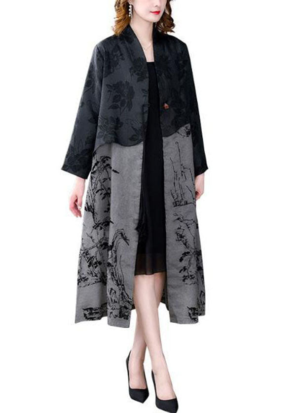 Black Tasseled Patchwork Print Silk Trench Coat Spring