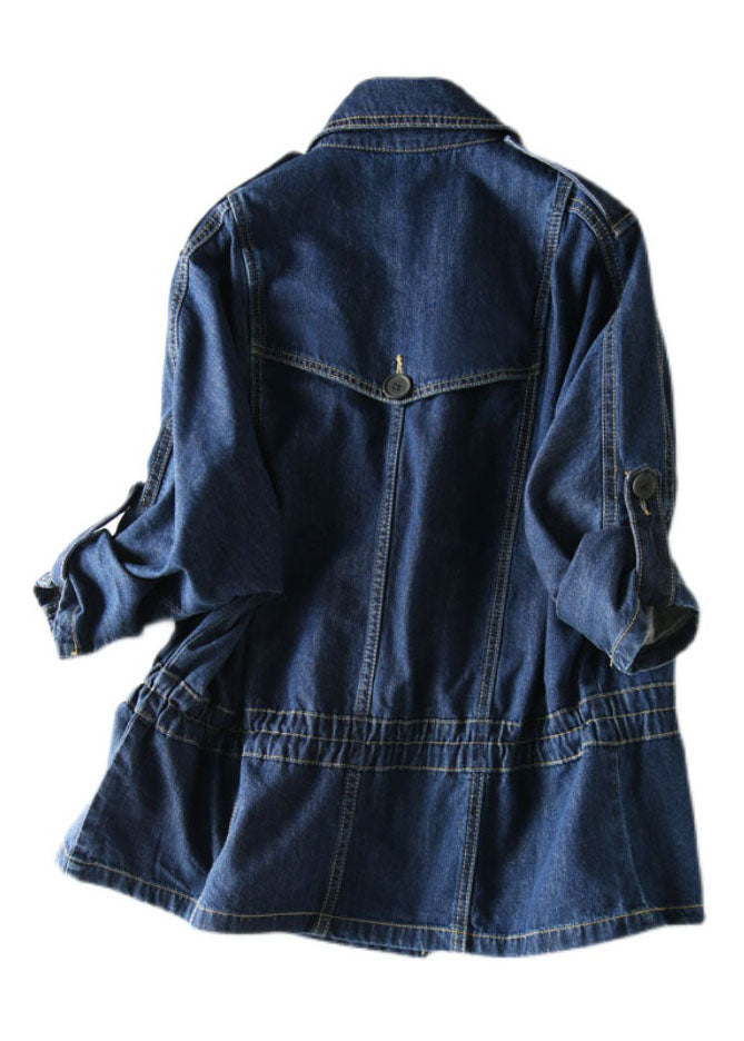 Blue Peter Pan Collar Pockets Drawstring Patchwork Denim Coat Fall